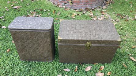Matching Brown Wicker like Hamper And Chest