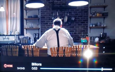 (3) YUGOSLAVIAN vintage WOOD bar STOOLS from BILLIONS on SHOWTIME