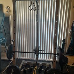 Weight Rack Cage & Cable Pulley Home Gym Set PLUS 520 Total Pounds Of Iron Weight Plates & Iron Cast Dumbbells PLUS Bench >$500.00 Or First Best Offer