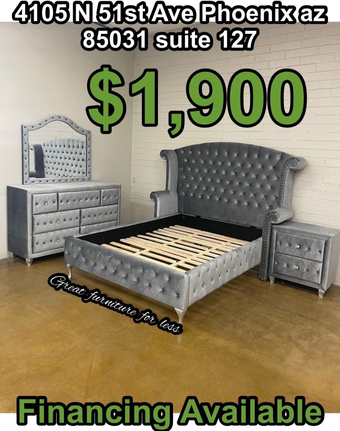 Queen Size Bedroom Set Velvet Gray Include Bed Frame Dresser Mirror And Nightstand Brand New
