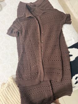 Brown Crochet Knit Button-Up Mini Dress
