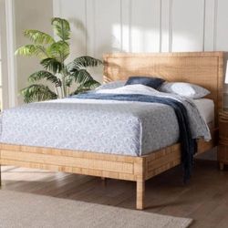 New Boho Bohemian Rattan and Mahogany Wood Frame Queen Size Bed