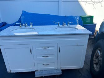 Double bathroom vanity 60 inches with marble countertop and old faucet