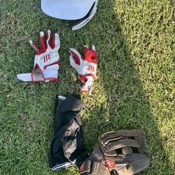 Easton Large Baseball Helmet/Batting Gloves / Elbow Sleeves And 12” Glove bundle