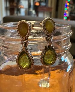 Green Stone Drop Earrings Silver Tone