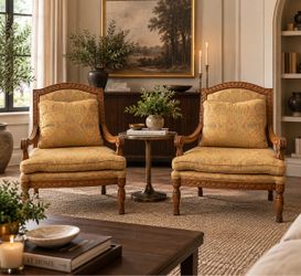 Pair of Vintage Carved Accent Chairs – Solid Wood with Paisley Upholstery