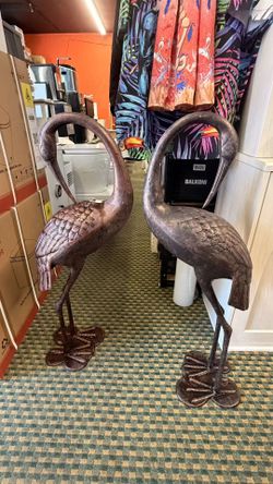 Cast Aluminum Cranes for Yard Garden Sculpture Pair Statue - Upright and Preening Standing Crane Heron