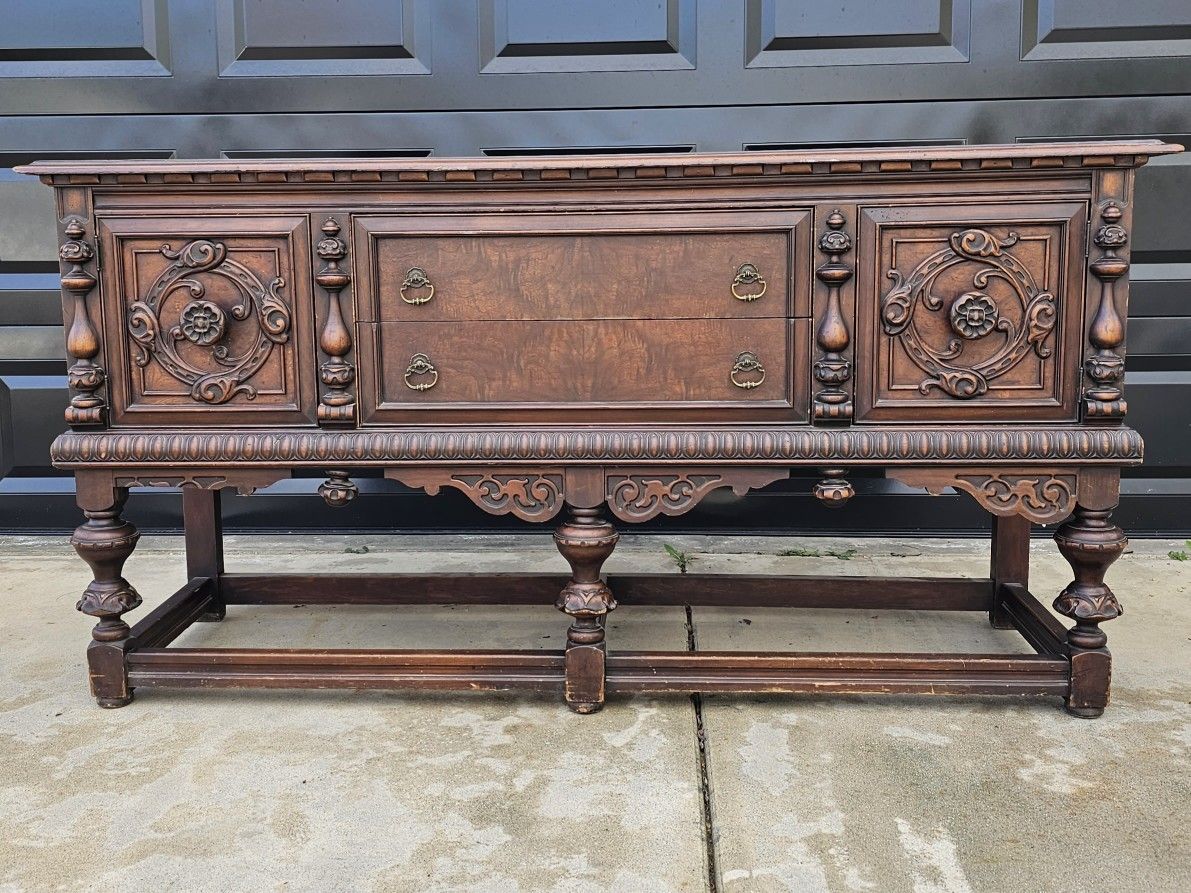 Large Ornate Buffet Or Sideboard 72" Long Vintage Credenza for Sale