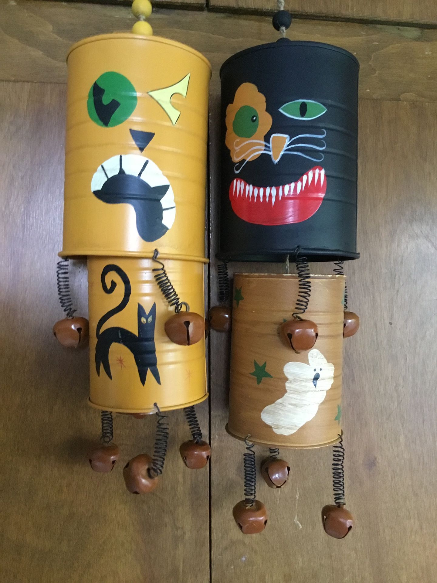 Rustic Halloween Metal Cans Wind Chimes CAT GHOST MONSTER Faces