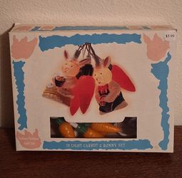 Vintage Blow Mold 10 Light Carrot & Bunny Set Easter String Lights 