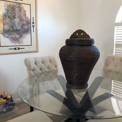 Large woven cobra basket from India With wood handle. Opens