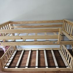 Twin Over Twin Low Bunk Bed with Ladder, Wooden Bunk beds with 14” Safety Guardrail for Kids,Toddlers, Boys
