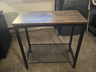 Bar Table / Side Table, brown engineered wood top, black metal frame, mesh storage shelf