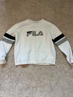 FILA White Crewneck Sweatshirt with Gray and Black Sleeve Stripes