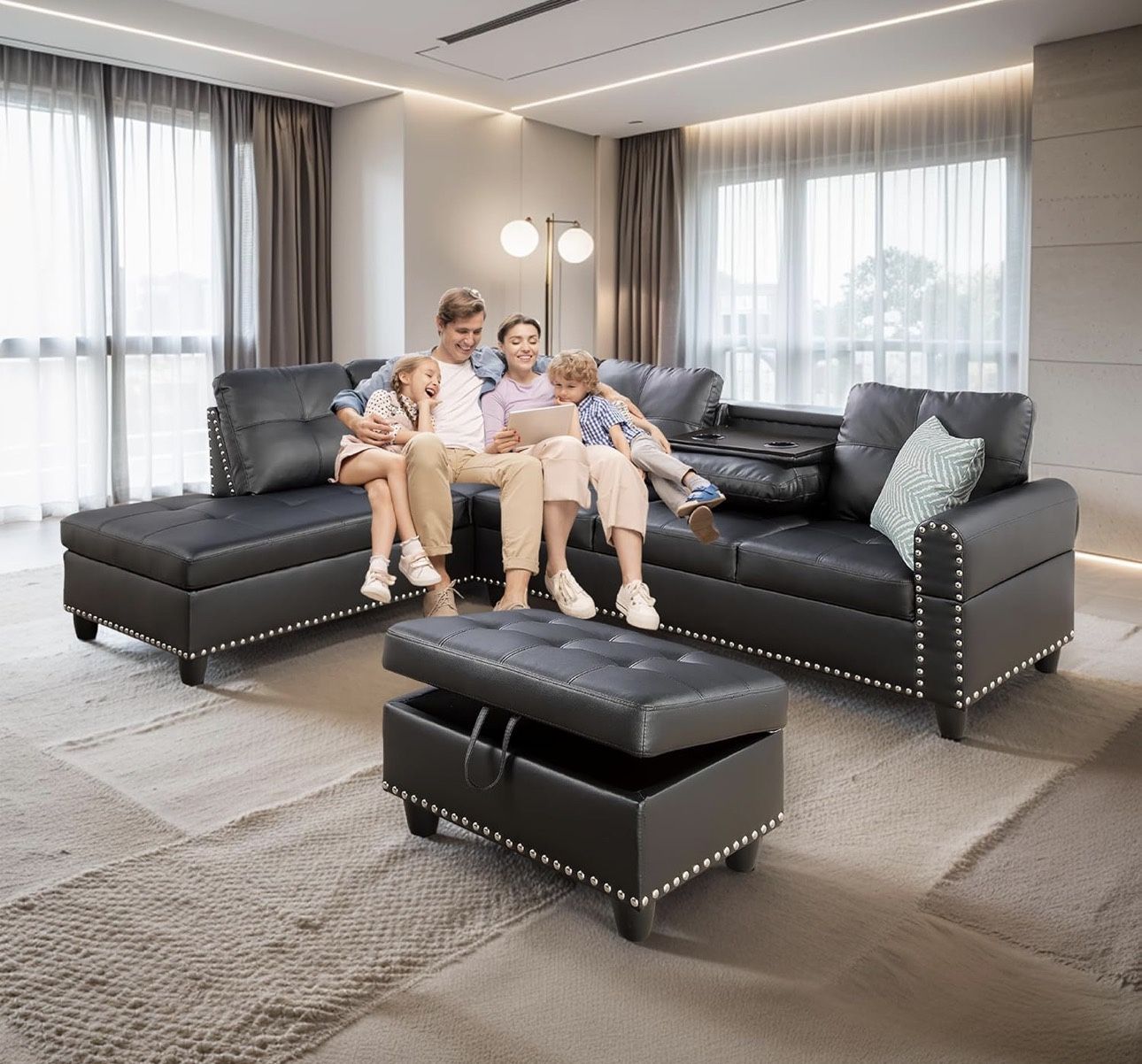 3-Piece Faux Leather Sectional Sofa, Button Tufted Upholstered L-Shape Black Couch with Chaise Lounge and Storage Ottoman, Living Room Furniture Sets