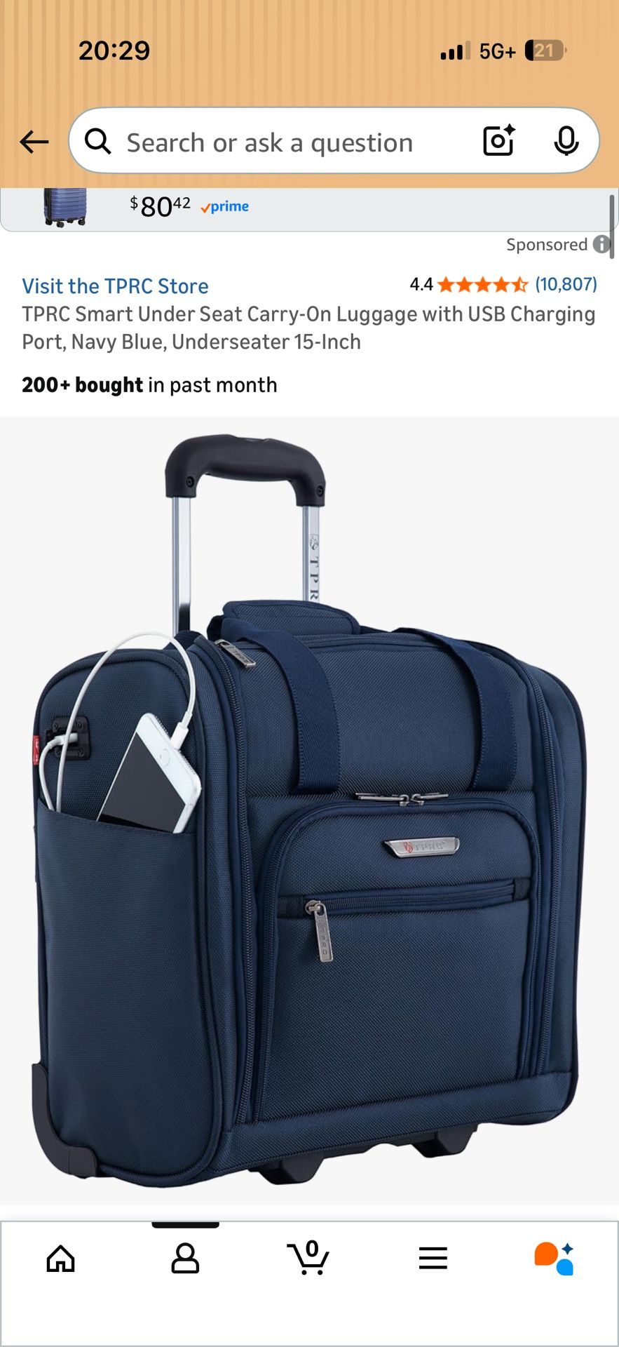 *New* TPRC Smart Under Seat Carry-On Luggage with USB Charging Port, Navy Blue,