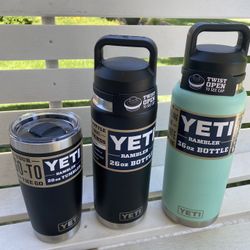 New, Yeti Tumbler 20 Oz $30, Rambler 26 Oz $35, Rambler 36 Oz $45
