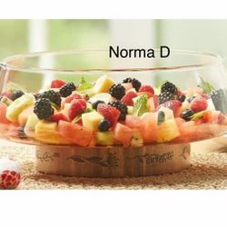 Tazon De Cristal Y Base De Madera Acacia Para Servir Nuevo En Su Caja 🌺princess House 🌺  