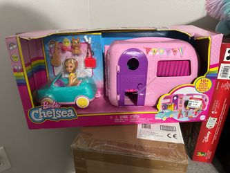 Barbie Club Chelsea Pink Camper Playset, Blonde Small Doll, Pet, Car & 10+ Accessories