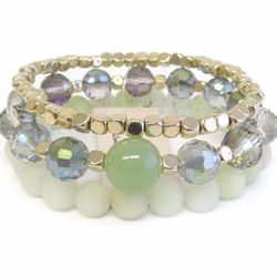 *NEW ARRIVAL* Beautiful Green Multi Bead Mix 3 Strand Stretch Bracelet Set *See My Other 200 Items*