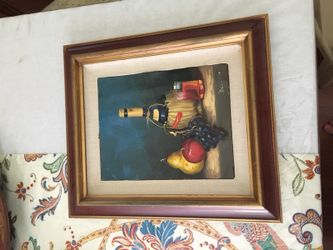 Antique hand painted canvas Fruits and Wine
