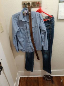 $50 Ariat jeans , cavender's belt& Pearl snap