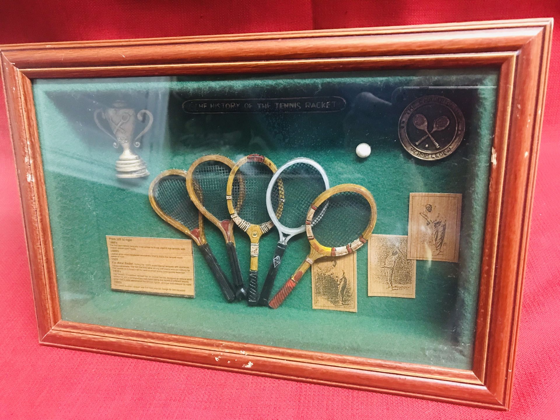 Vintage Antique Style Picture Wall Hanging Shadow Box History Of Tennis Rackets 8 1/2” x 12 3/4” x 2 1/4”