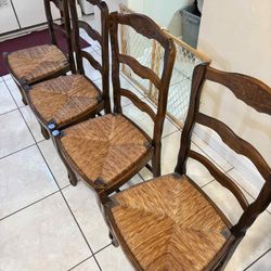 Vintage French Ladder Back Set of 4 Rush Seat Dining Chairs