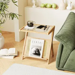 Natural rattan and bamboo frame sturdy glass top 2-tier storage shelf boho style fits living room and bedroom easy assembly