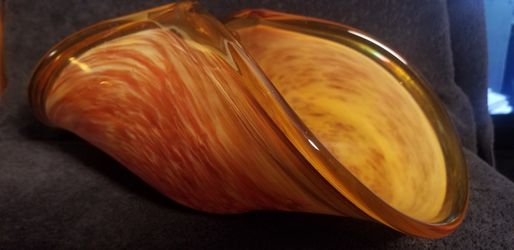 Large blown glass dish from Murano, Italy. Heavy swirled orange