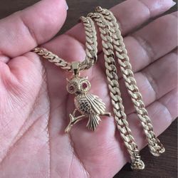 Cuban Chain In Gold Filled With Owl Pendant