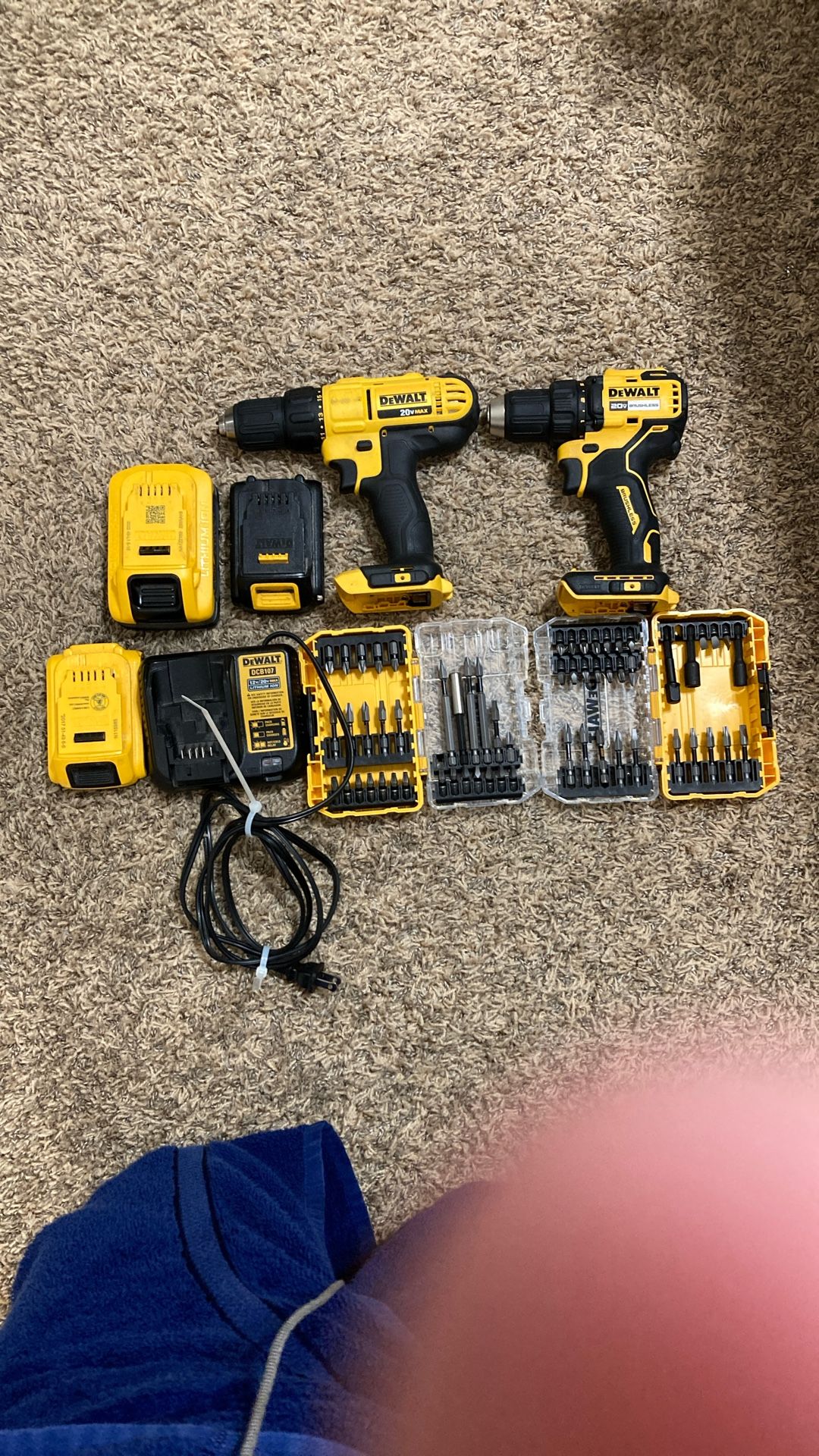 Dewalt Screwdriver20volt And Dewalt Brushless Impact Driver 20volt With 3 Batteries, Charger, And 2 Boxes Of Dewalt Bits