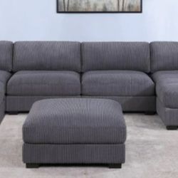Brand New Grey Super Plush Corduroy Modular Sectional Sofa w Ottoman