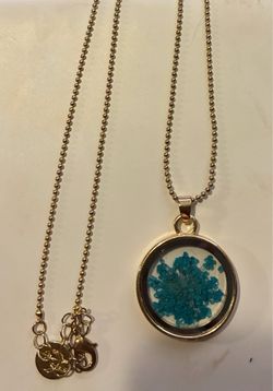 Gold-Tone Pressed Blue Flower Pendant Necklace