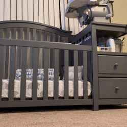 Gray Crib With Attached Changing Table 