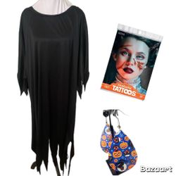 SZ 3x  Black Witch Costume Dress With Halloween Earrings And 13ct Face Tattoos