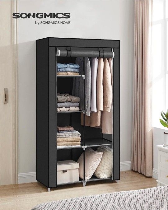 Portable Closet, Clothes Storage Organizer with 6 Shelves, 1 Clothes Hanging Rail, Non-Woven Fabric Closet, Metal Frame, 34.6 x 17.7 x 66.1 Inches, Bl