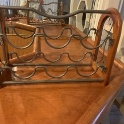 PORTABLE  2 TIER WINE RACK MOUNTED ON WOOD TO HOLD 6 BOTTLES  18”x7”