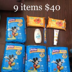 4 Huggies Diaper (4T-5T); 1 Johnson Cotton Touch Lotion; 144 Sesame Street Baby Wipes (72x2); 1 Burts Bee Toothpaste; 1 Sesame Street Toothbrush: 9 I