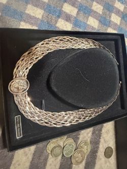 Vintage Sterling Silver Braided Mesh Cameo Necklace & Bracelet Set