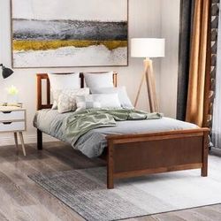 NEW Walnut Twin Size Platform Bed Frame, Wooden Platform Bed with Headboard, Twin Platform Bed with Wood Slat Support