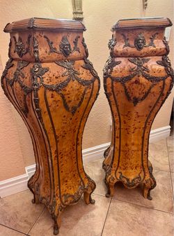 Pair of Antique French Louis XV Style Burl Wood Pedestals with Gilt Bronze Mounts, 55” in tall