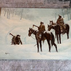 Original Western Cowboy Painting – Winter Scene – Horses – Signed Tagliaro – Oil on Canvas – 30x20 in
