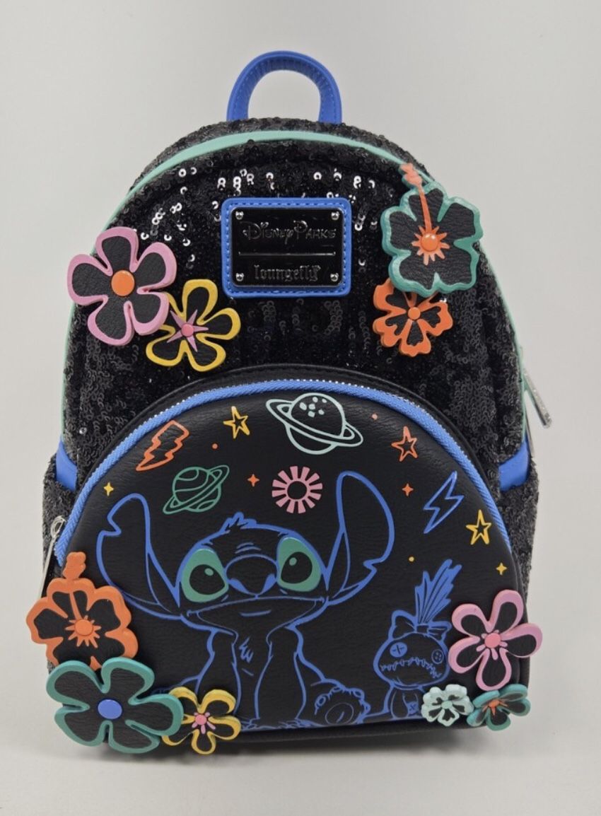 2024 Disney Parks Stitch Loungefly Mini Backpack 626 Alien Black Neon Sequin New