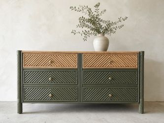 Modern Olive Green Dresser w/ Wood Top – 6 Drawer
