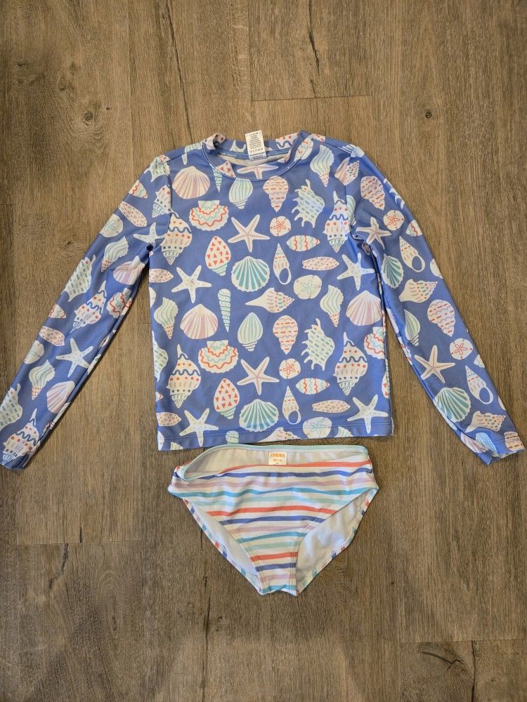 Gymboree Seashell Rash Guard And Striped Bottom Bathing Suit Girls Size 7/8