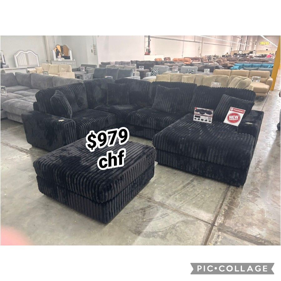 Black Corduroy Modular Living Room Sectional Sofa With Ottoman 