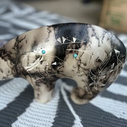 Horsehair Pottery Bear With Turquoise Inlay
