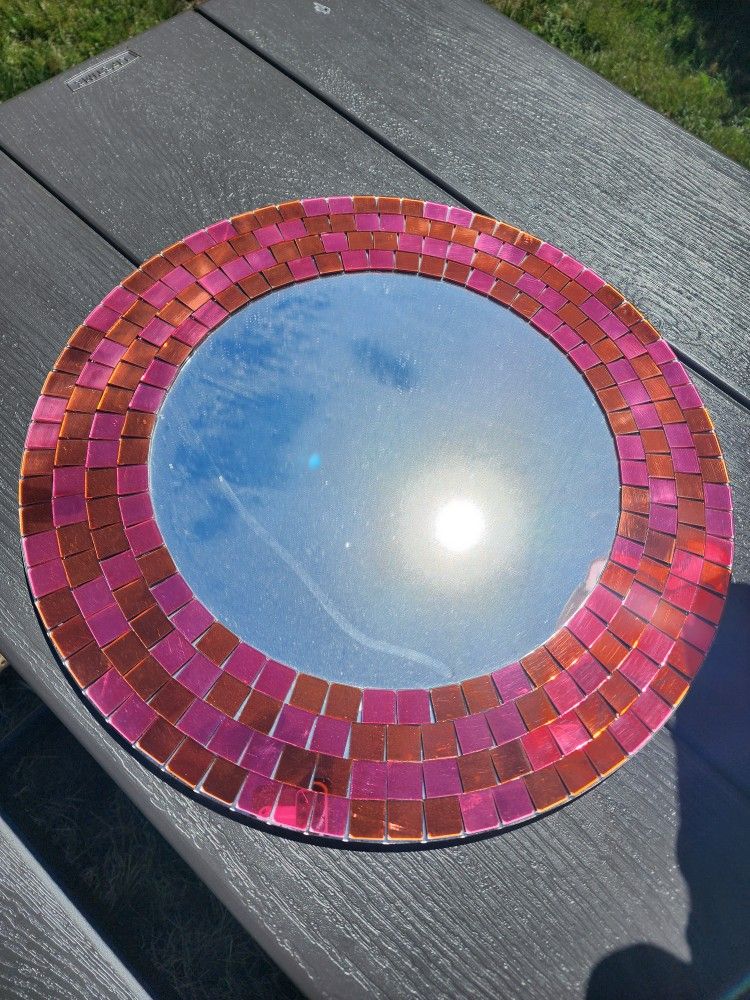 Vintage Ikea Tranby Round Mosaic Mirror Red Orange