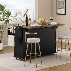 60" Mobile Kitchen Island w/Power Outlet, Drop Leaf, Spice & Towel Racks + Trash Storage,Black